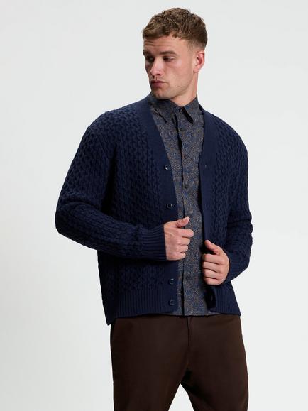 Ben Sherman Textured Wool Blend Cardigan, Dark Navy, Dark Navy