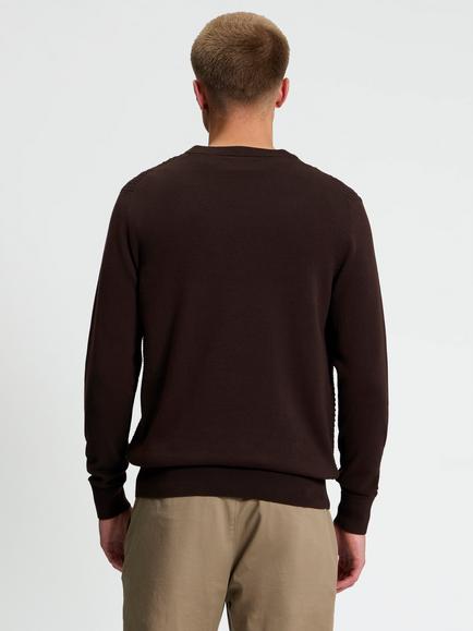 Ben Sherman Textured Cotton Long Sleeve Open Crew Neck Jumper - view 2, Dark Brown