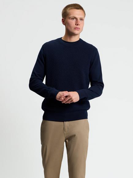 Ben Sherman Textured Cotton Long Sleeve Open Crew Neck Jumper, Dark Navy