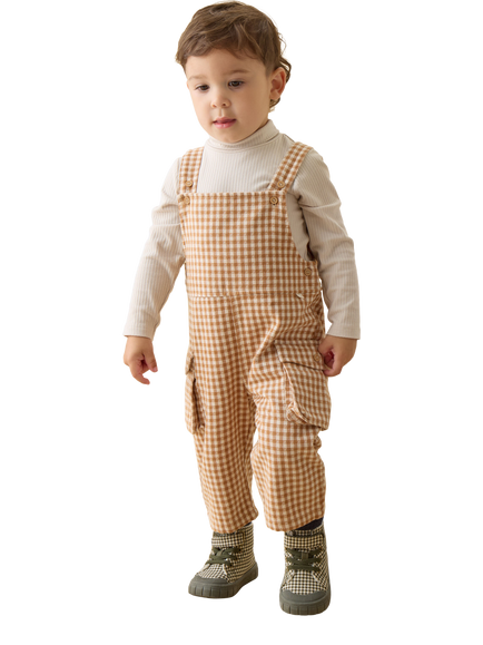 MORI Baby Relaxed Gingham Dungarees, Brown Check, Brown Check