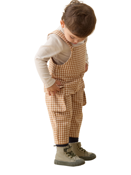 MORI Baby Relaxed Gingham Dungarees, Brown Check - view 2, Brown Check