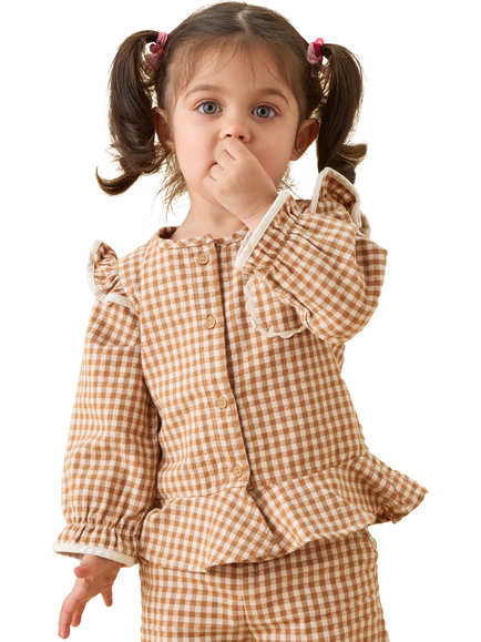 MORI Baby Long Sleeve Frill Gingham Blouse, Brown Check, Brown Check