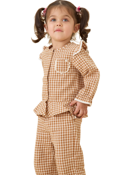 MORI Baby Long Sleeve Frill Gingham Blouse, Brown Check - view 2, Brown Check