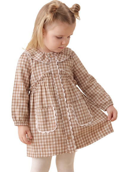 MORI Baby Long Sleeve Gingham Dress, Brown Check, Brown Check