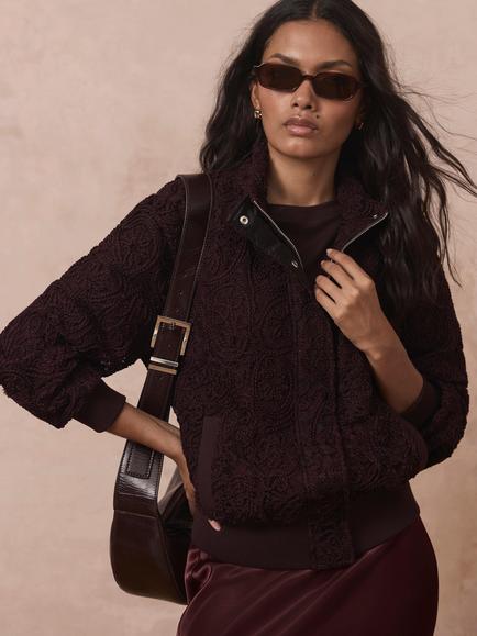 Mint Velvet Embroidered Bomber Jacket, Burgundy, Burgundy