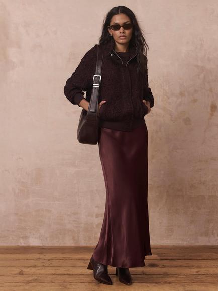 Mint Velvet Embroidered Bomber Jacket, Burgundy - view 2, Burgundy