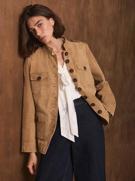Mint Velvet Suede Military Jacket, Brown, Brown