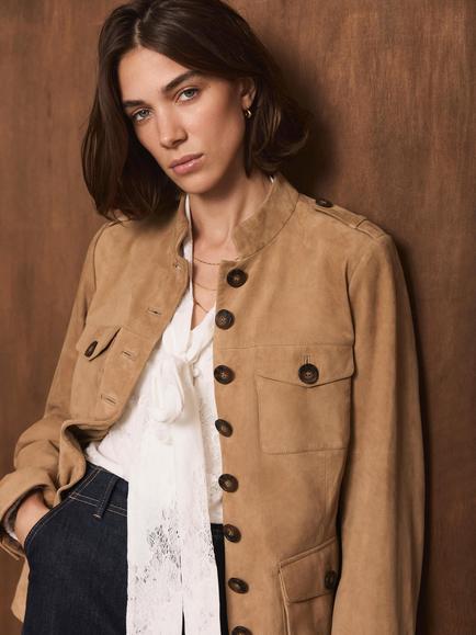 Mint Velvet Suede Military Jacket, Brown - view 2, Brown