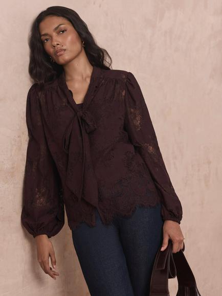 Mint Velvet Lace Pussybow Blouse, Red Burgundy - view 2, Red Burgundy