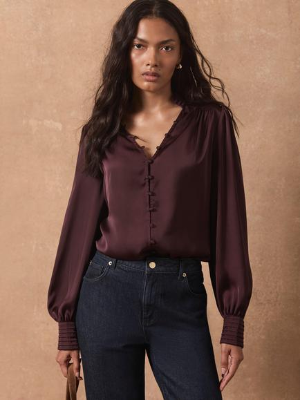 Mint Velvet Satin Long Sleeve Blouse, Burgundy, Burgundy
