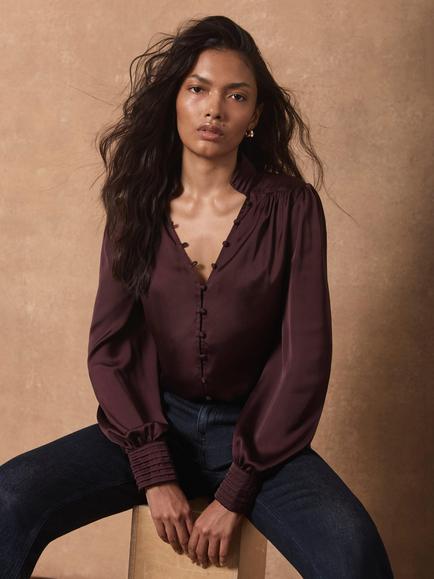 Mint Velvet Satin Long Sleeve Blouse, Burgundy - view 2, Burgundy