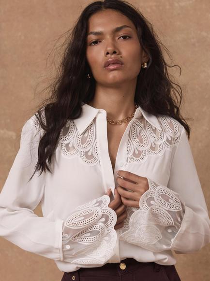 Mint Velvet Embroidered Lace Trim Blouse, Natural Cream, Natural Cream