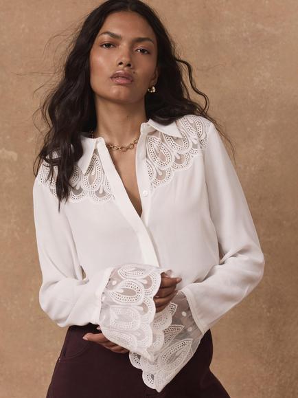 Mint Velvet Embroidered Lace Trim Blouse, Natural Cream - view 2, Natural Cream