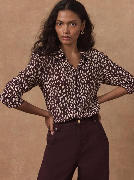Mint Velvet Animal Print Soft Shirt, Red Burgundy, Red Burgundy