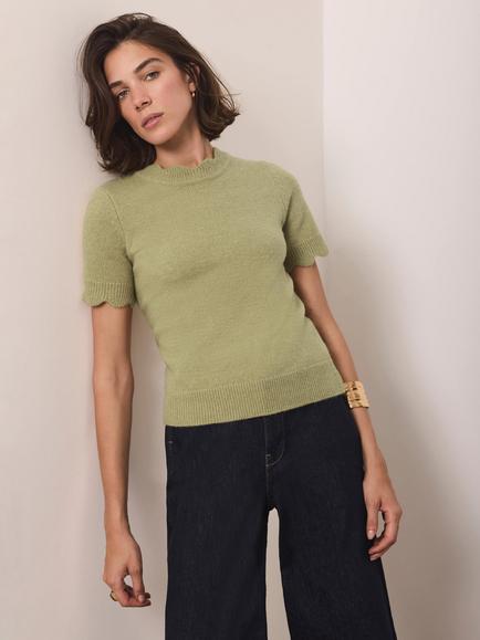 Mint Velvet Scallop Trim Knit Top, Green, Green