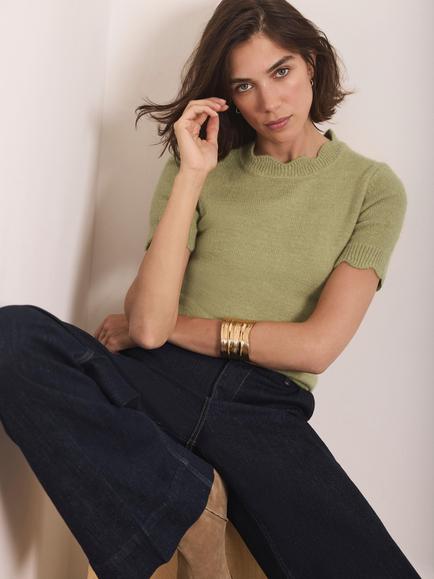 Mint Velvet Scallop Trim Knit Top, Green - view 2, Green