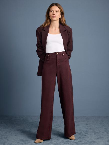 Mint Velvet Seam Detail Wide Leg Jeans - view 2, Red Burgundy