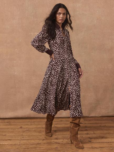 Mint Velvet Printed Contrast Midi Shirt Dress, Burgundy, Burgundy