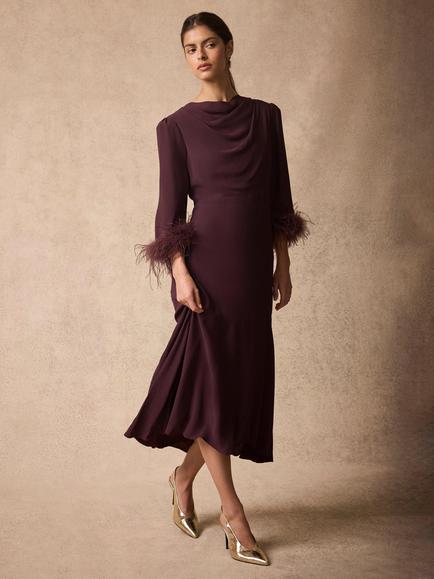 Mint Velvet Feather Trim Midi Dress, Red Burgundy, Red Burgundy