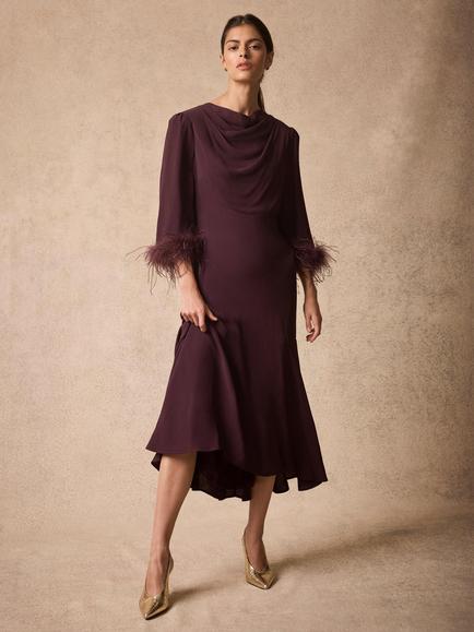 Mint Velvet Feather Trim Midi Dress, Red Burgundy - view 2, Red Burgundy