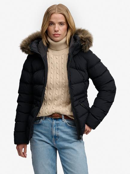 Superdry Hooded Faux Fur Fuji Padded Jacket, Black, Black