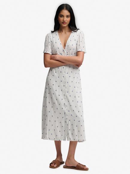 Superdry Floral Print Short Sleeve Button Down Midi Tea Dress, Cream/Blue, Cream/Blue