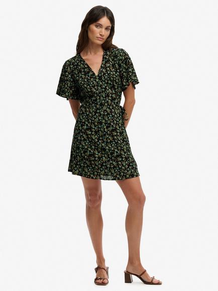 Superdry Floral Print Mini Swing Wrap Dress, Black/Multi, Black/Multi