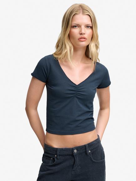 Superdry Gathered V-Neck Crop T-Shirt, Eclipse Navy, Eclipse Navy