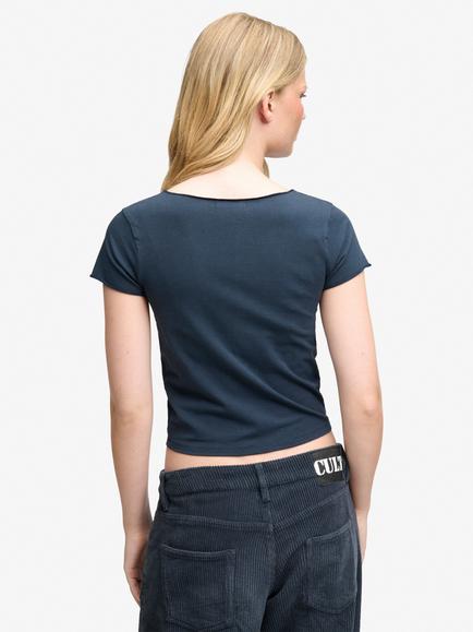 Superdry Gathered V-Neck Crop T-Shirt, Eclipse Navy - view 2, Eclipse Navy