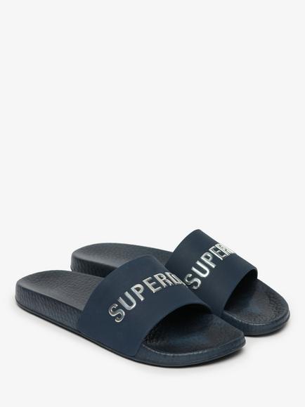 Superdry Premium Metallic Pool Sliders, Blueberry Navy/Silver - view 2, Blueberry Navy/Silver