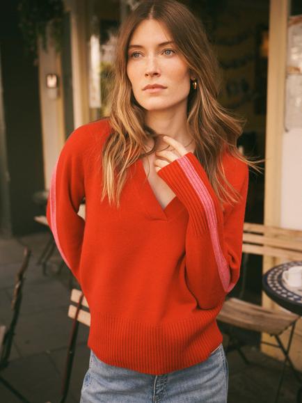 NRBY Devora Side Stripe Merino Wool Jumper, Red/Pink