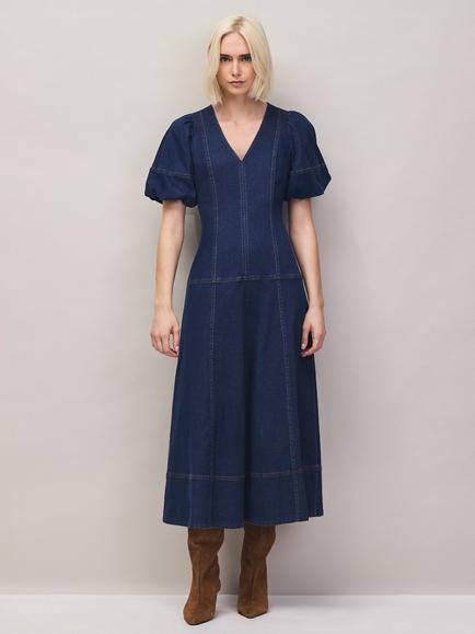 Ro&Zo Petite Puff Sleeve Denim Dress, Indigo, Indigo