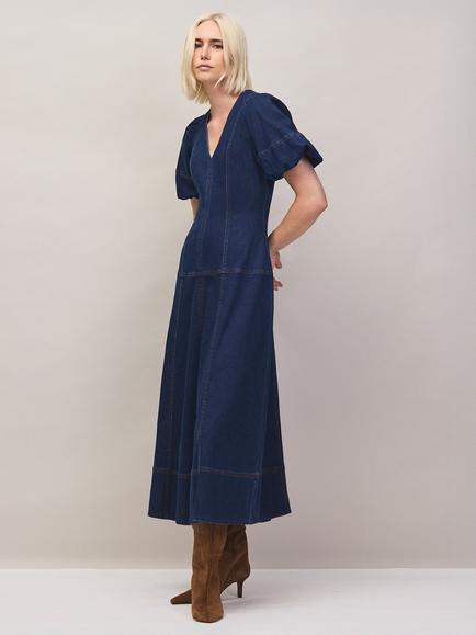 Ro&Zo Petite Puff Sleeve Denim Dress, Indigo - view 2, Indigo