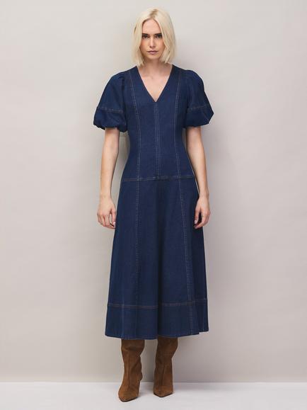 Ro&Zo Petite Denim Puff Sleeve Midi Dress, Indigo, Indigo