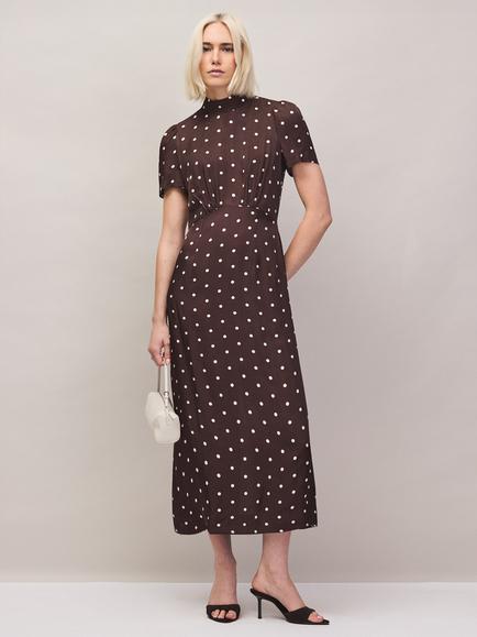 Ro&Zo Petite Polka Dot Puff Sleeve Dress, Brown, Brown