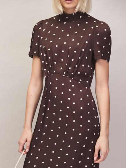 Ro&Zo Petite Polka Dot Puff Sleeve Dress, Brown - view 2, Brown
