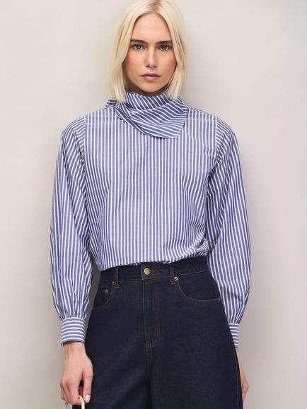 Ro&Zo Stripe Cotton Scarf Shirt, Blue, Blue