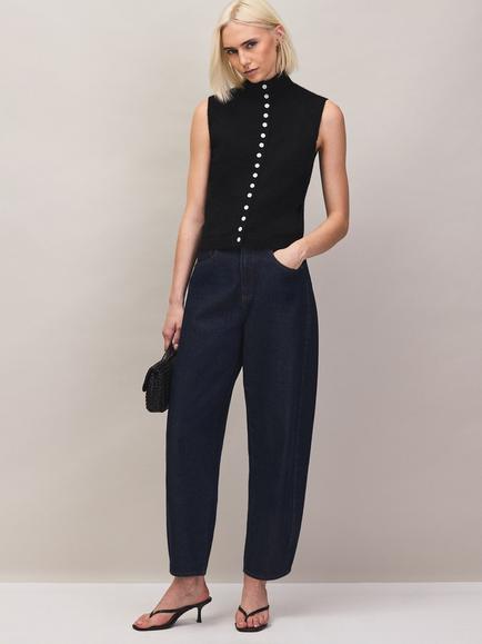 Ro&Zo Pearl Button Through Sleeveless Knit Top, Black - view 2, Black