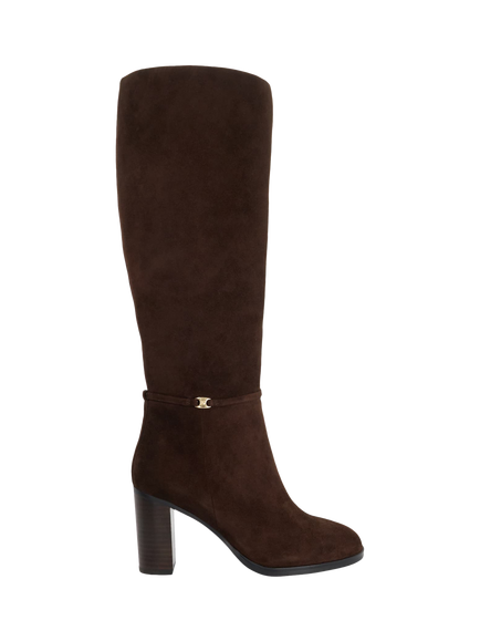 Dune London Starling Wide Fit Suede Block Heel Knee High Boots, Brown, Brown