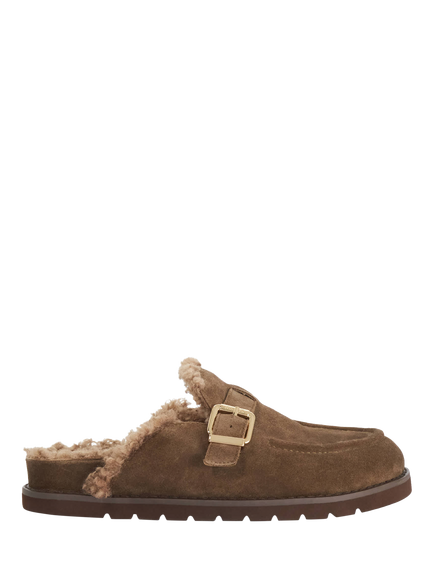 Dune London Gogetter Suede Buckle-Detail Mules, Khaki, Khaki