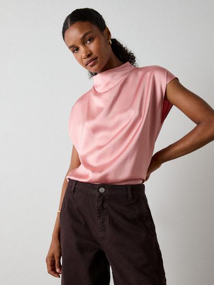 Whistles Cowl Neck Satin Blouse containing LENZING™ ECOVERO™ Viscose, Pale Pink