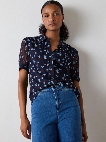 Whistles Floral Viscose Short Sleeve Shirt, Navy/Multi, Navy/Multi