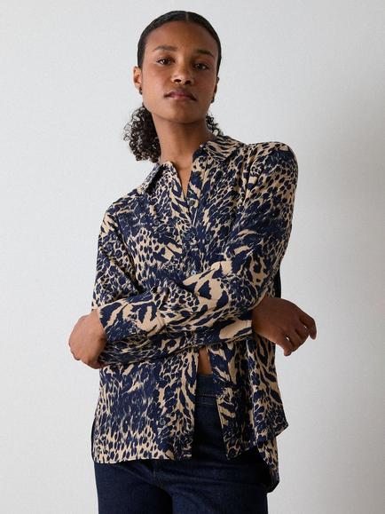 Whistles Patchwork Leopard Print Shirt containing LENZING™ ECOVERO™ Viscose, Navy/Multi