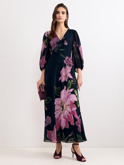 Phase Eight Betty Floral Printed Long Sleeve Maxi Dress, Navy/Multi, Navy/Multi