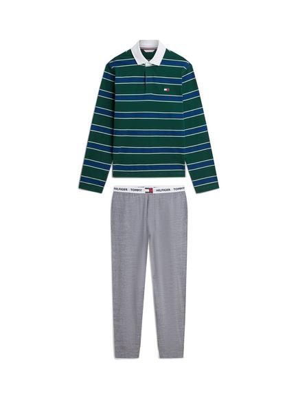 Tommy HIlfiger Heritage Cotton Rugby Shirt Pyjama Set, Green/Grey, Green/Grey