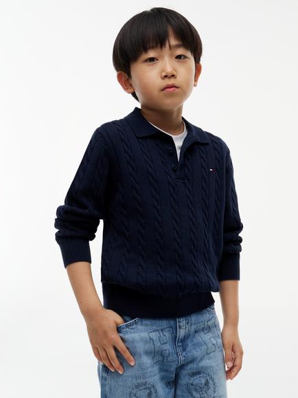 Tommy Hilfiger Kids' Cable Knit Polo Jumper, Blue Denim