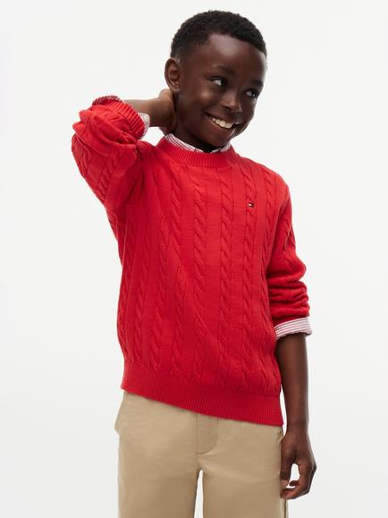 Tommy Hilfiger Kids' Cable Knit Crew Neck Jumper, Bright Red