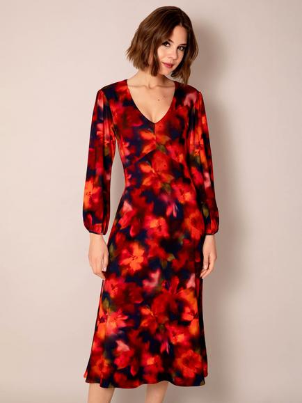 Alie Street Cecelia Blurred Floral Print Midi Dress, Midnight Ember, Midnight Ember