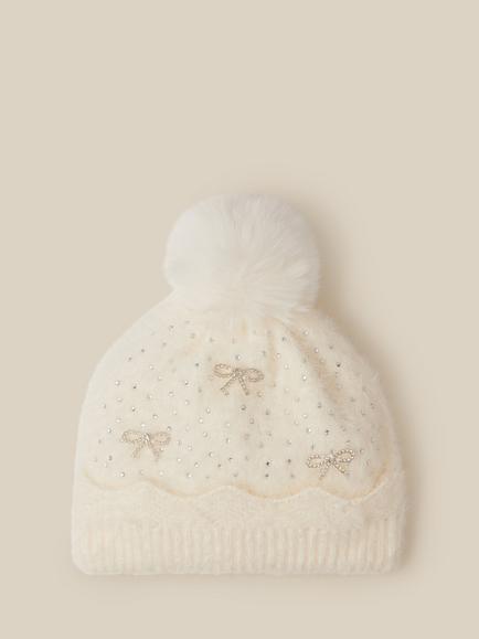 Monsoon Kids' Sparkle Bow Beanie Hat, Ivory, Ivory