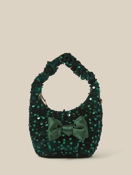 Monsoon Kids' Sequin Velvet Slouch Bag, Green, Green